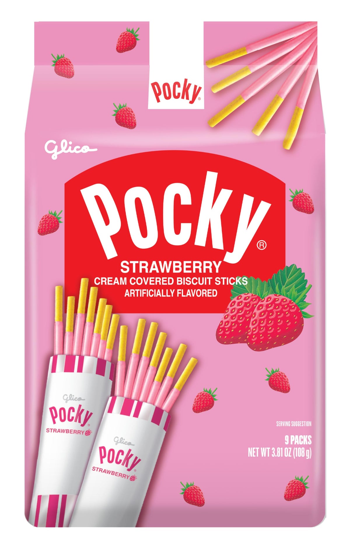 Pocky Strawberry nine pouches per bag for fresh, portable snacking.