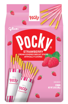 Pocky Strawberry nine pouches per bag for fresh, portable snacking.