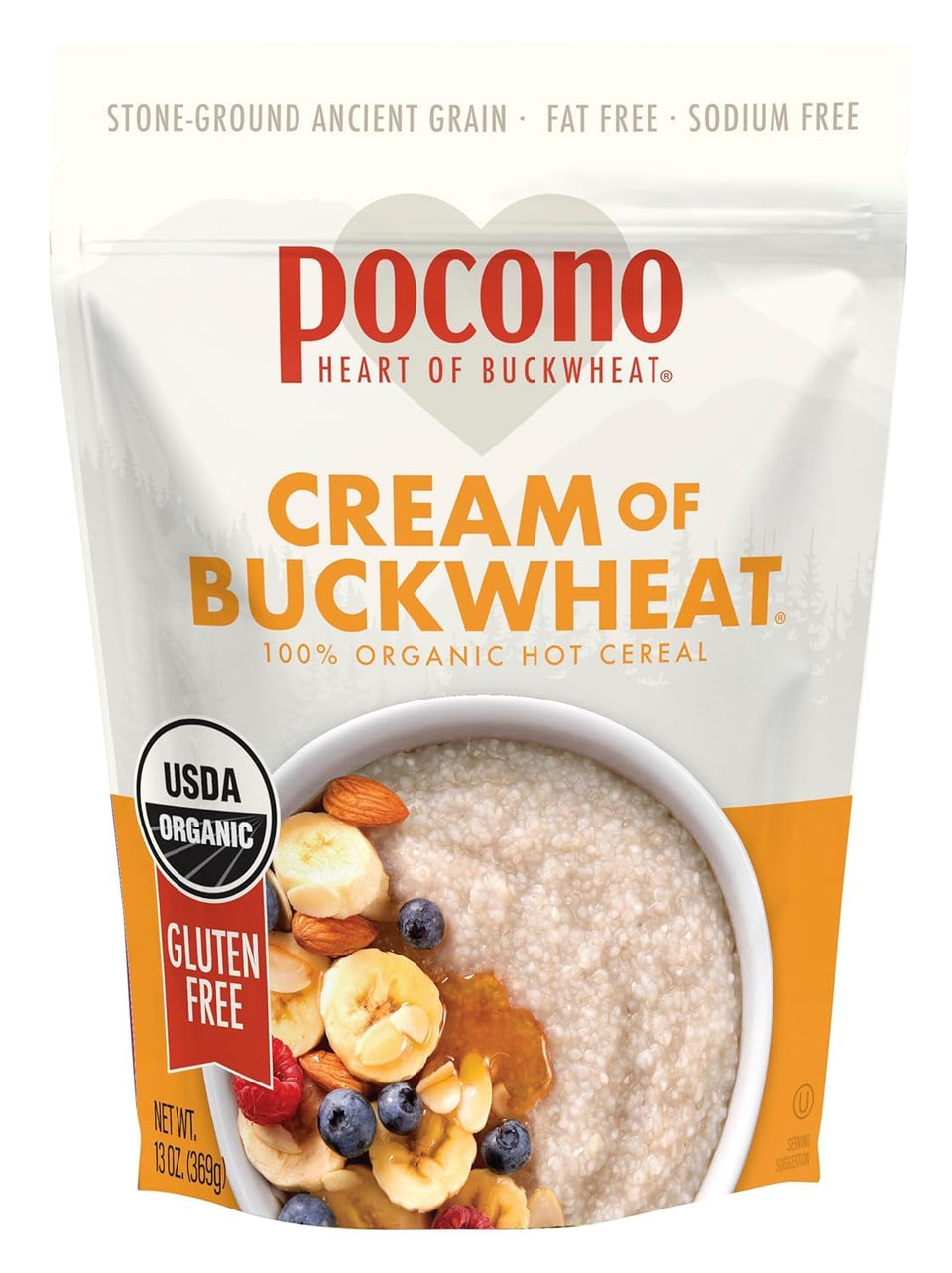 Pocono Buckwheat Cream Cereal packaging shows an organic gluten-free breakfast option.