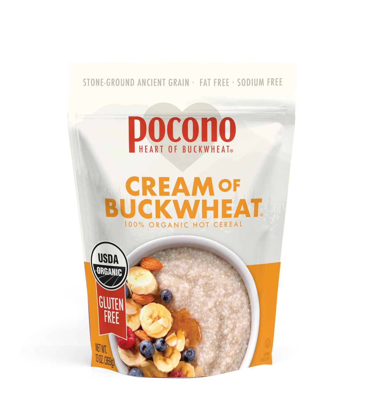 Pocono Cream of Buckwheat bag close-up showing 100% buckwheat content