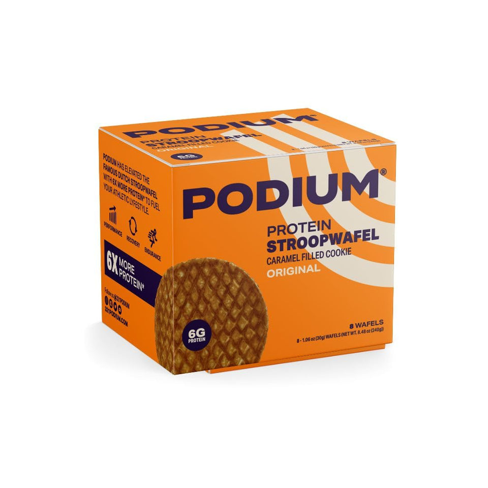 Podium Protein Stroopwafel 8-count box offers protein-packed fuel between workouts.