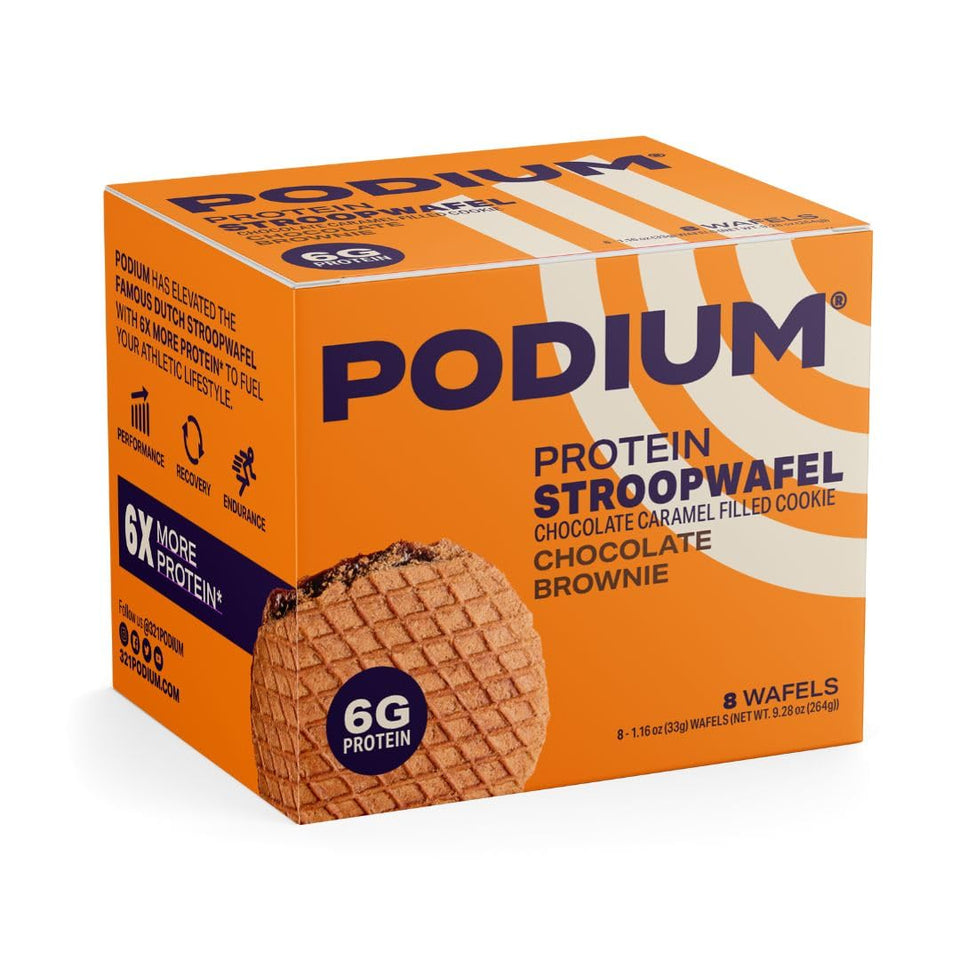 Podium Protein Stroopwafel chocolate brownie packaging closeup highlighting a protein-packed indulgence