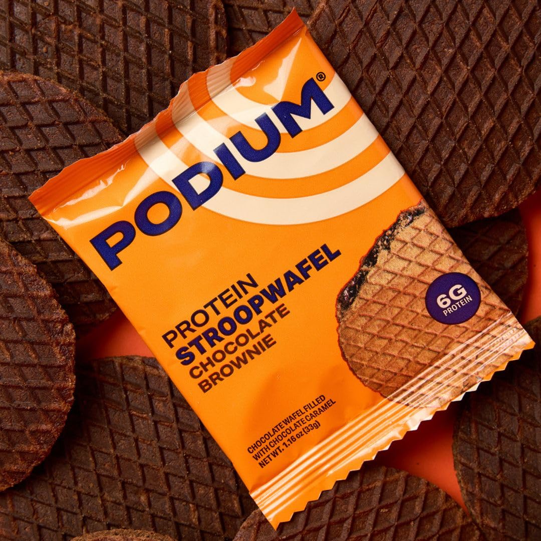 Podium Protein Stroopwafel chocolate brownie wafers stacked for grab-and-go snacking