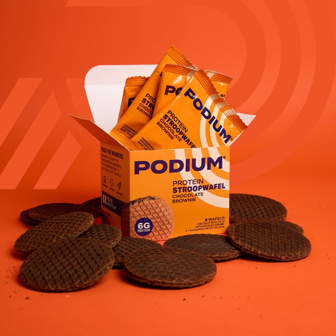 Podium Protein Stroopwafel chocolate brownie with coffee for a morning treat