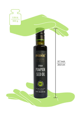 PÖDÖR deep green oil in glass bottle signals cold-pressed quality.
