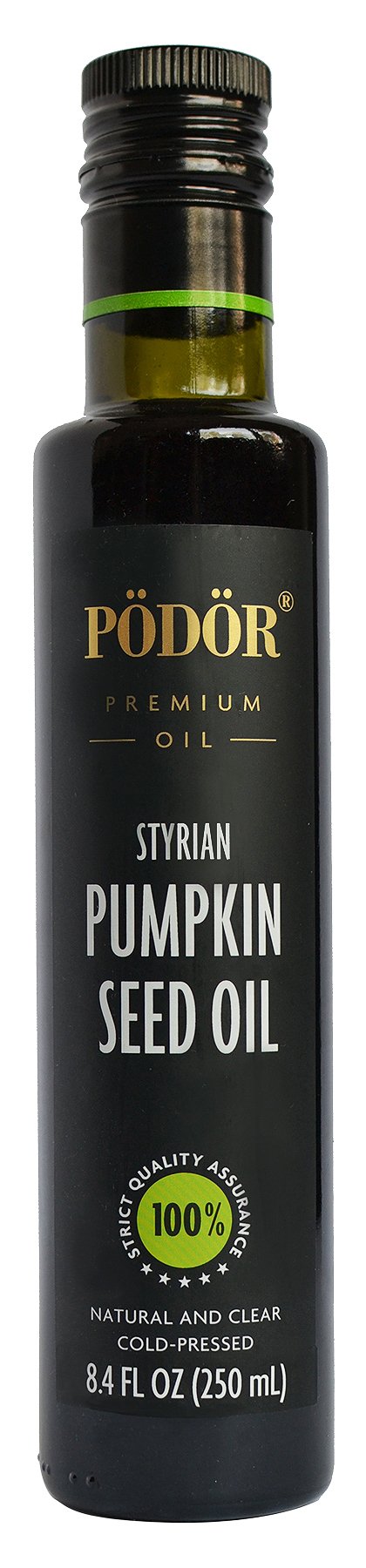 PÖDÖR premium Styrian pumpkin seed oil bottle shows rich color for dressings.