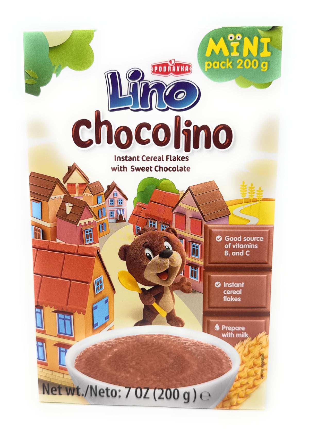 Podravka Lino Chocolino cereal pack front view for a quick chocolate breakfast.