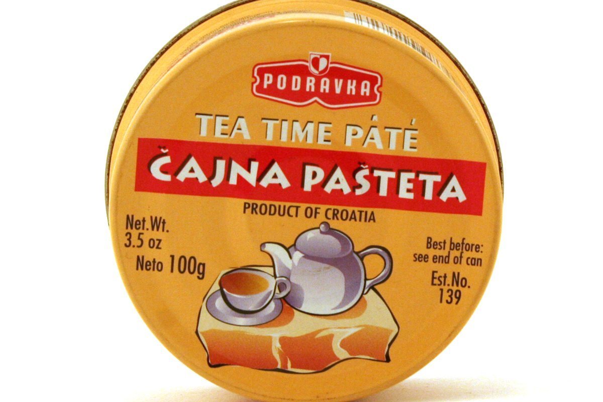 Podravka Tea Time Pate Cajna Pasteta 3-5oz can, quick savory snack on crackers.