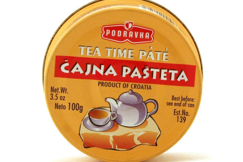 Podravka Tea Time Pate Cajna Pasteta 3-5oz can, quick savory snack on crackers.