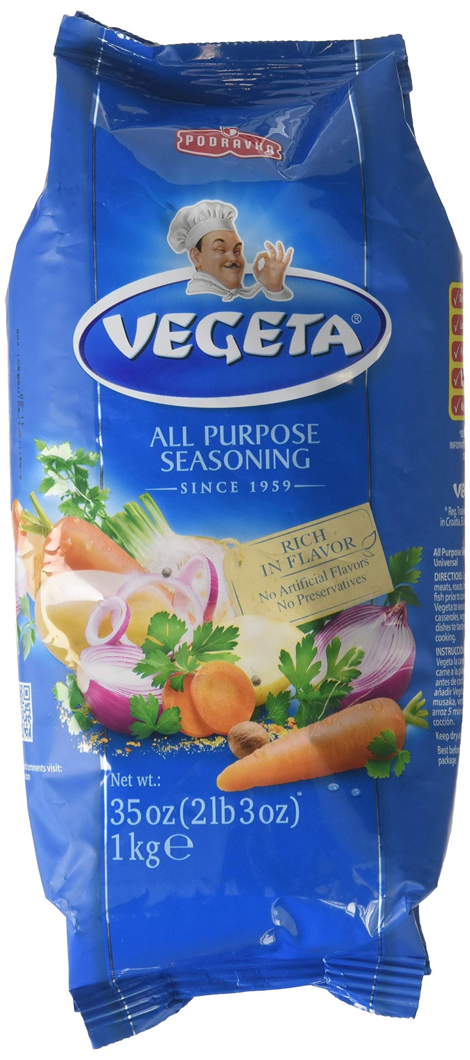 Podravka Vegeta gourmet seasoning in a 1kg bag enhances everyday meals.