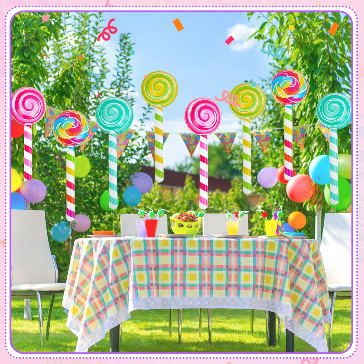 Poen giant lollipop prop in rainbow colors enhances candy-themed ambiance.
