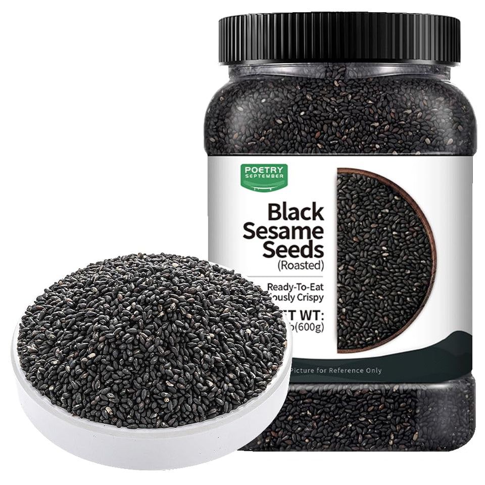 PoetrySeptember roasted black sesame seeds in a can, crisp and ready-to-eat for snacking.