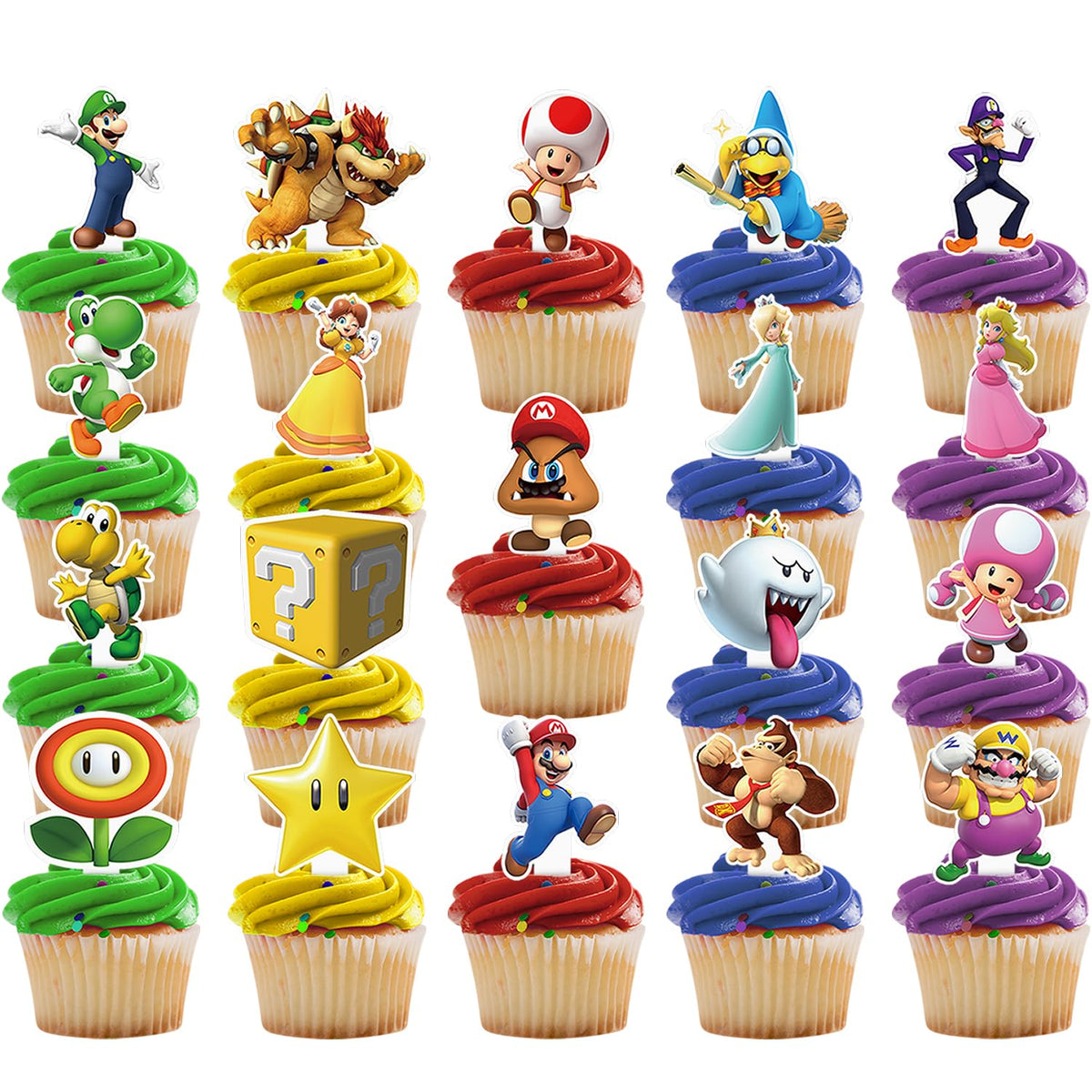 Poewodgs Mariios Cupcake Toppers 38-set package, vibrant designs for quick party treats.