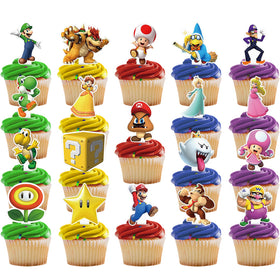 Poewodgs Mariios Cupcake Toppers 38-set package, vibrant designs for quick party treats.
