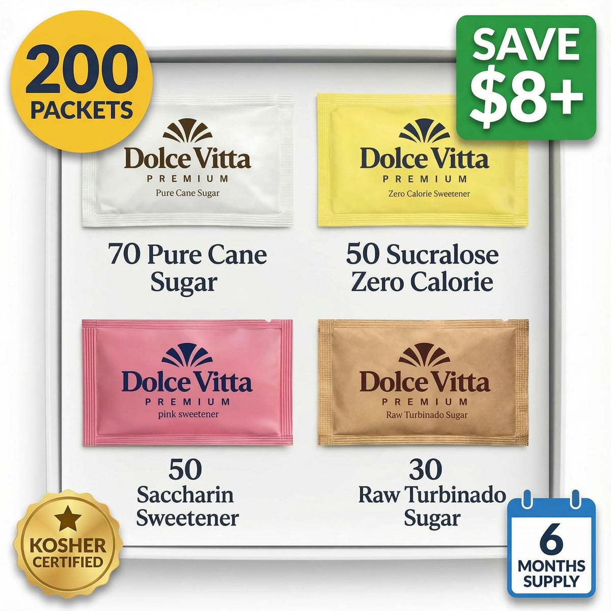 POGALIGHT Dolce Vitta packets closeup showing sugar and sweeteners for quick sweetening