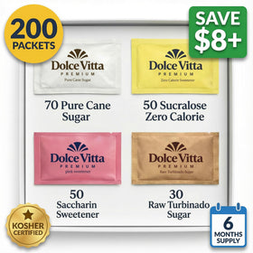 POGALIGHT Dolce Vitta packets closeup showing sugar and sweeteners for quick sweetening