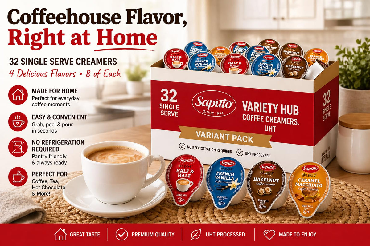 POGALIGHT office breakroom display, shelf-stable creamer singles for quick servings.