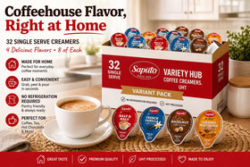 POGALIGHT office breakroom display, shelf-stable creamer singles for quick servings.