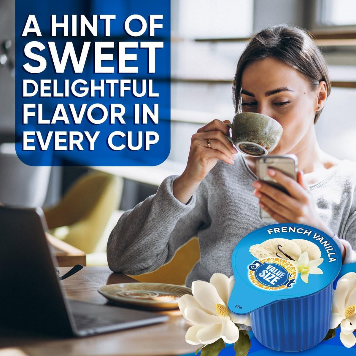 POGALIGHT ready-to-use French Vanilla creamer cup, mess-free coffee enjoyment.