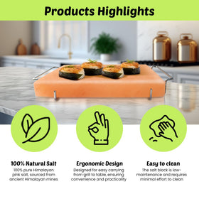 POHS Himalayan salt block grill-use setup adds mineral-enhanced searing to dishes.