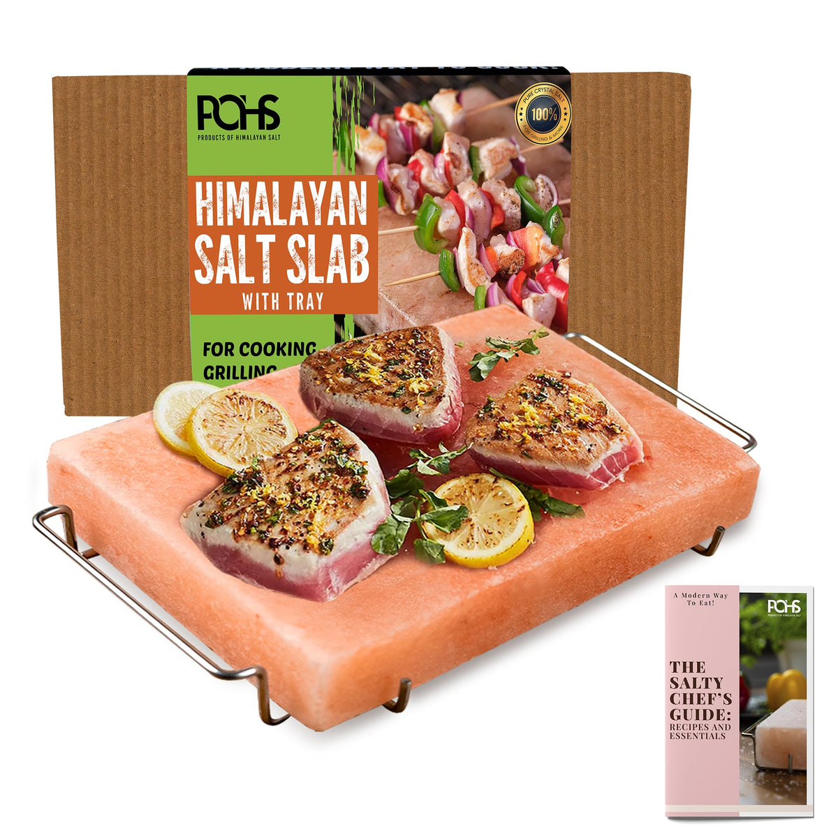 POHS Himalayan salt block plate for grilling and serving, adding mineral-rich flavor.