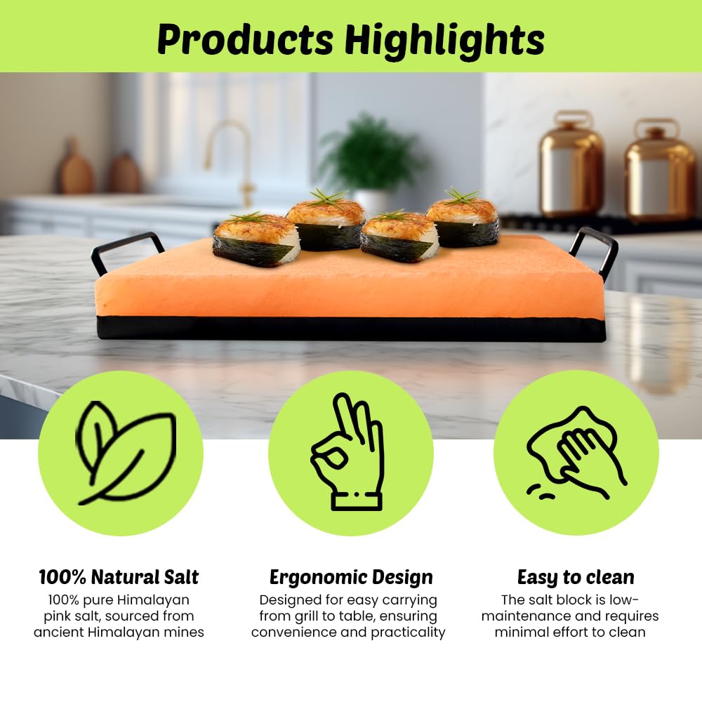 POHS Himalayan Salt Block serving at table enhances presentation and flavor.