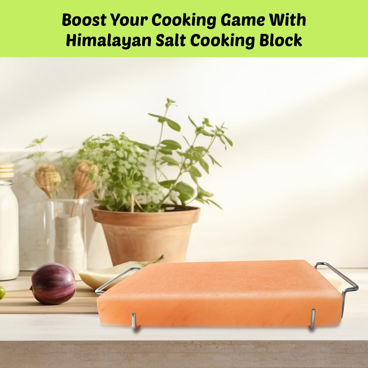 POHS Himalayan salt block steel holder showing safe transport from grill to table.