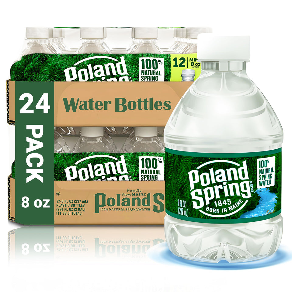 Poland Spring 8oz mini bottle front label showing brand and hydration cue
