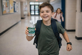 Poland Spring 8oz mini-bottle in travel bag for on-the-go hydration