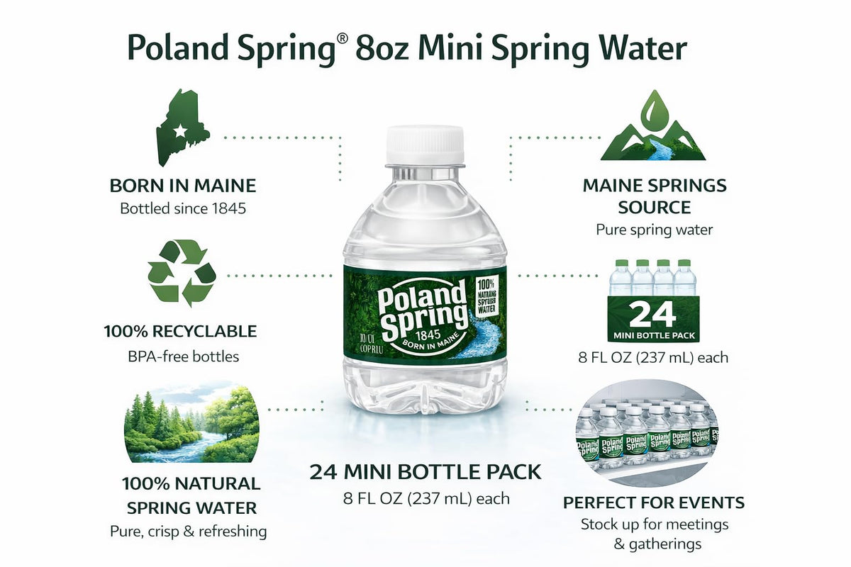 Poland Spring 8oz mini-bottles neatly arranged for display