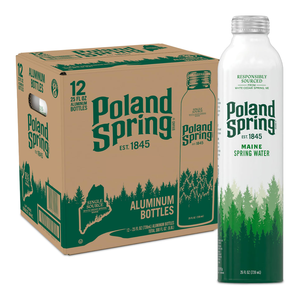 Poland Spring aluminum bottle delivering crisp taste on the go