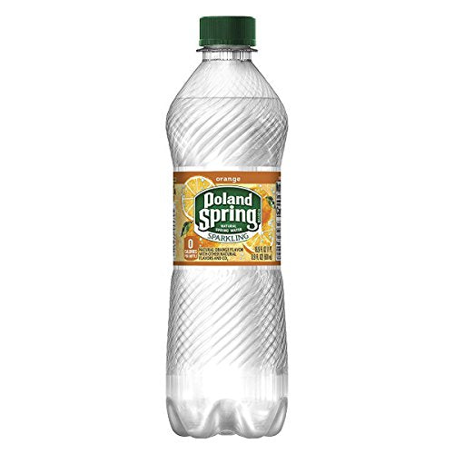 Poland Spring Sparkling Mandarin Orange bottle side highlights natural flavors and bubbles.