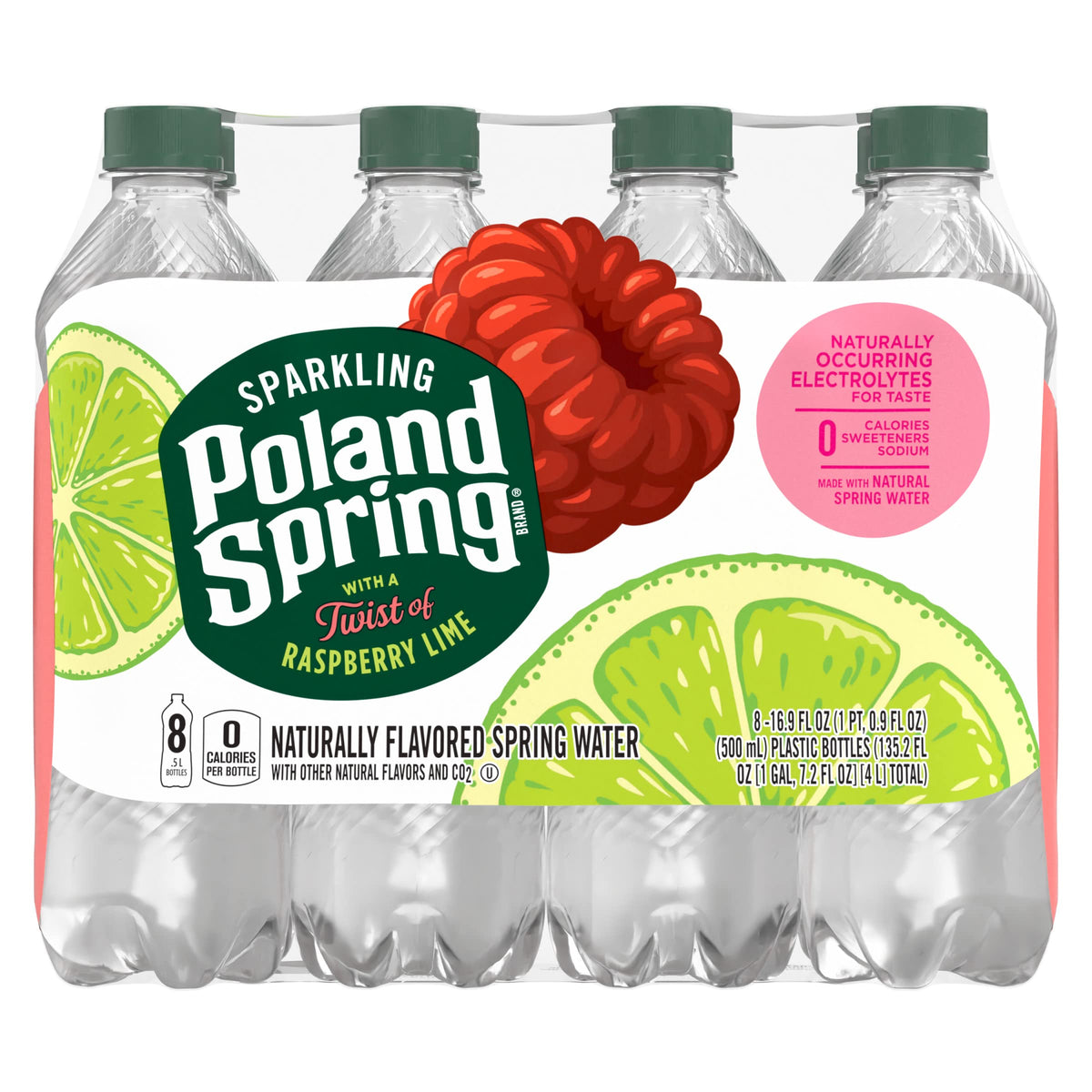 Poland Spring Sparkling Raspberry Lime bottle back showing recyclable packaging and simple ingredients.