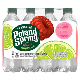 Poland Spring Sparkling Raspberry Lime bottle front with refreshing bubbles for on-the-go hydration.