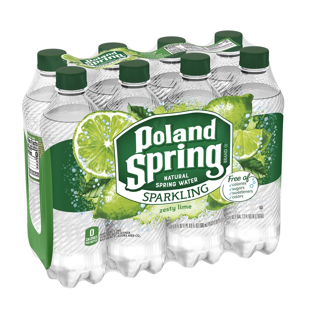 Poland Spring Sparkling Water Zesty Lime bottle with refreshing bubbles and calorie-free hydration.