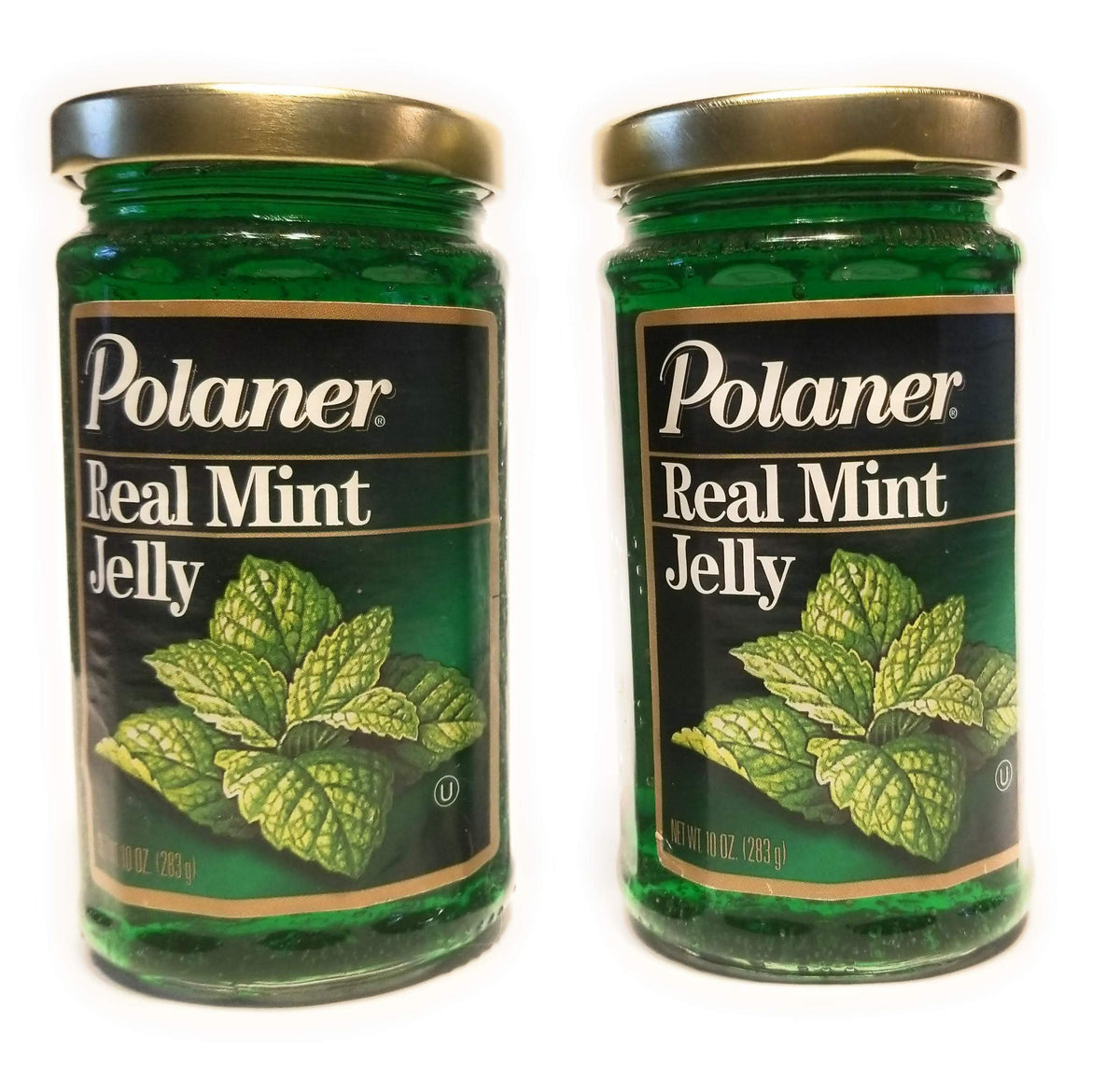 Polaner Real Mint Jelly 10 oz bottle shines, a versatile glaze for roasts and cheeses.