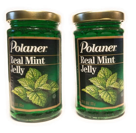 Polaner Real Mint Jelly 10 oz bottle shines, a versatile glaze for roasts and cheeses.