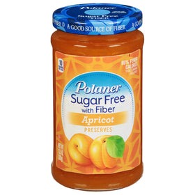 Polaner Sugar Free with Fiber apricot jam jar, rich color and fiber-enhanced sweetness.