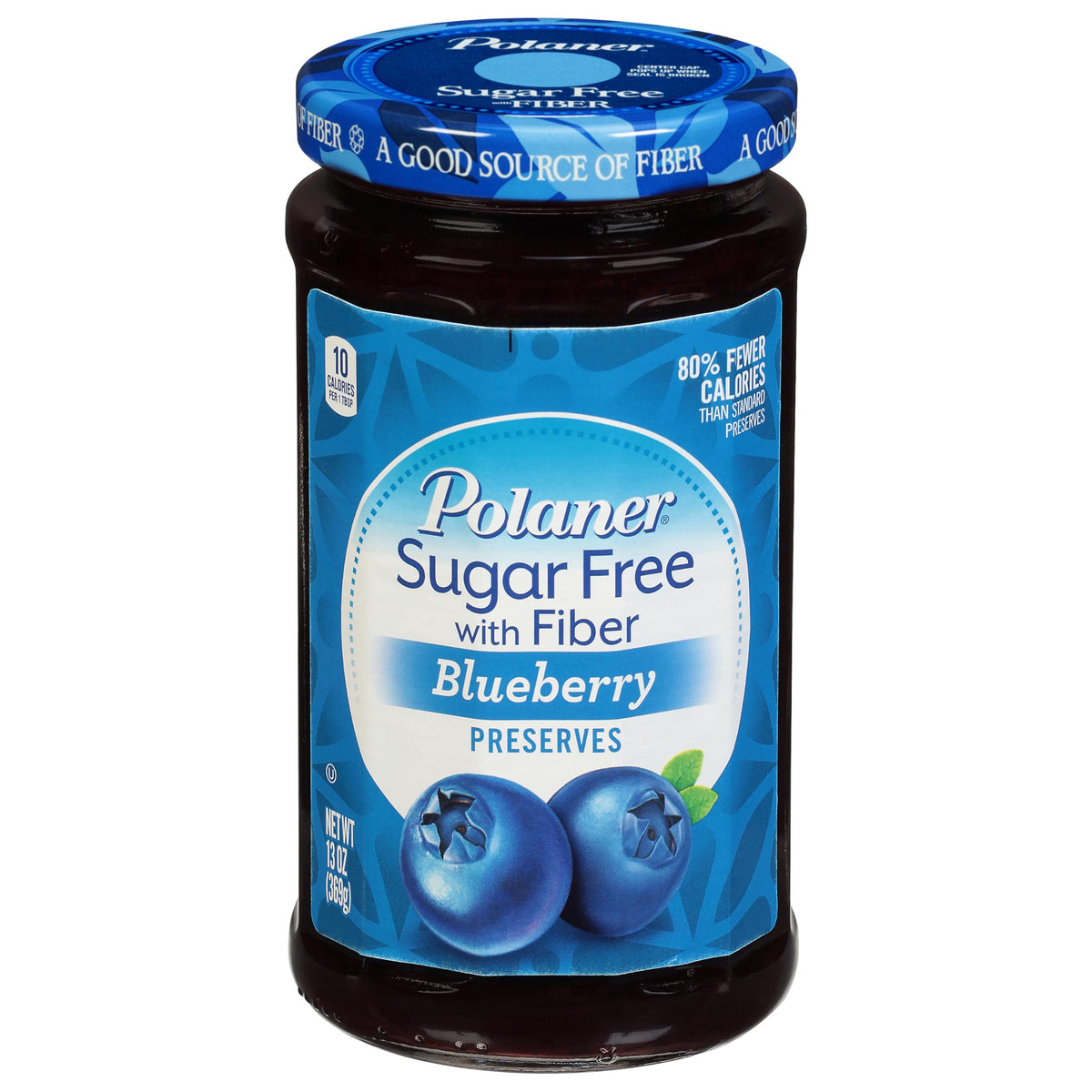 Polaner Sugar Free with Fiber blueberry preserves jar closeup for a flavorful snack