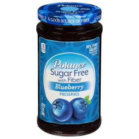 Polaner Sugar Free with Fiber blueberry preserves jar closeup for a flavorful snack