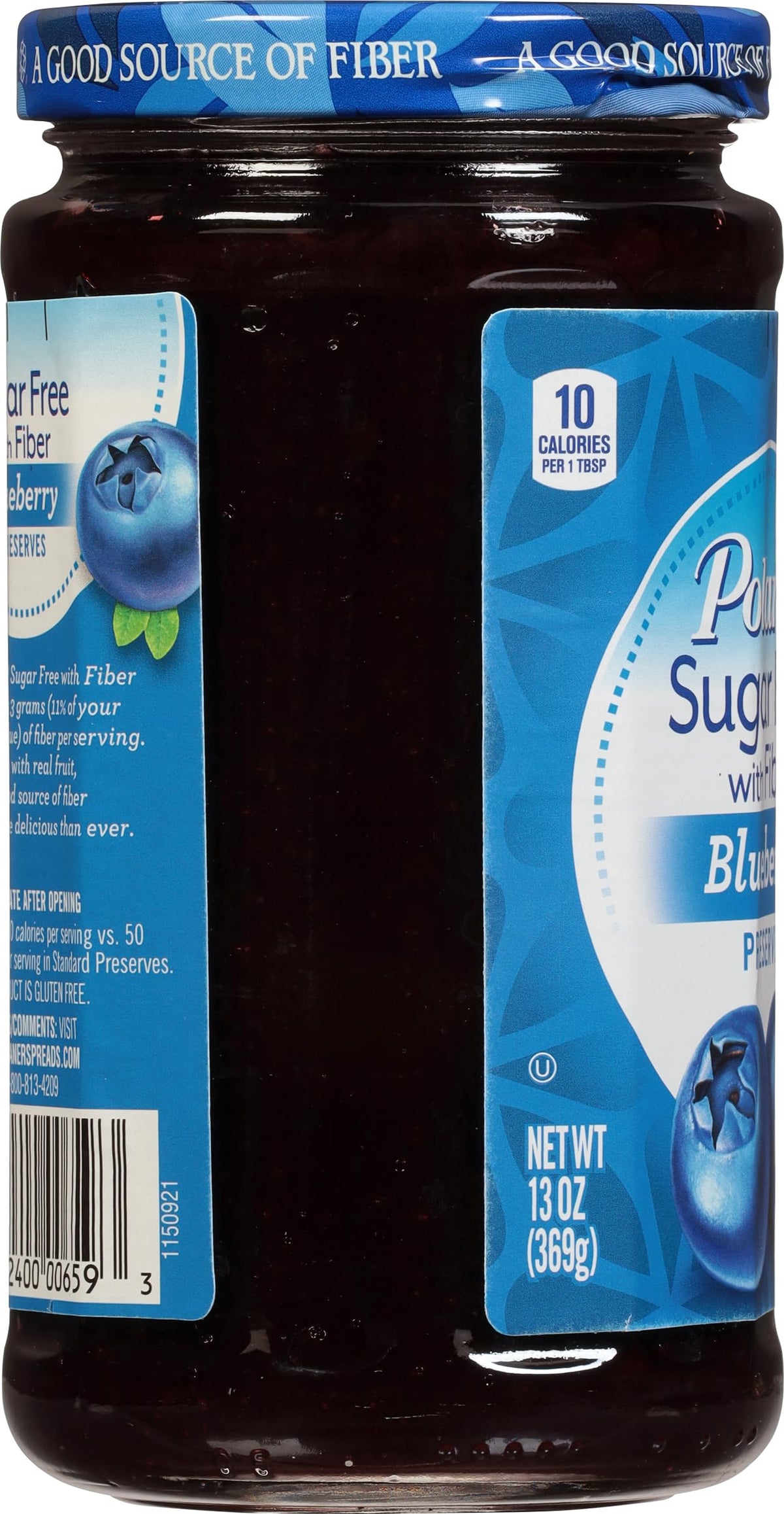Polaner Sugar Free with Fiber blueberry preserves on kitchen shelf for easy mornings