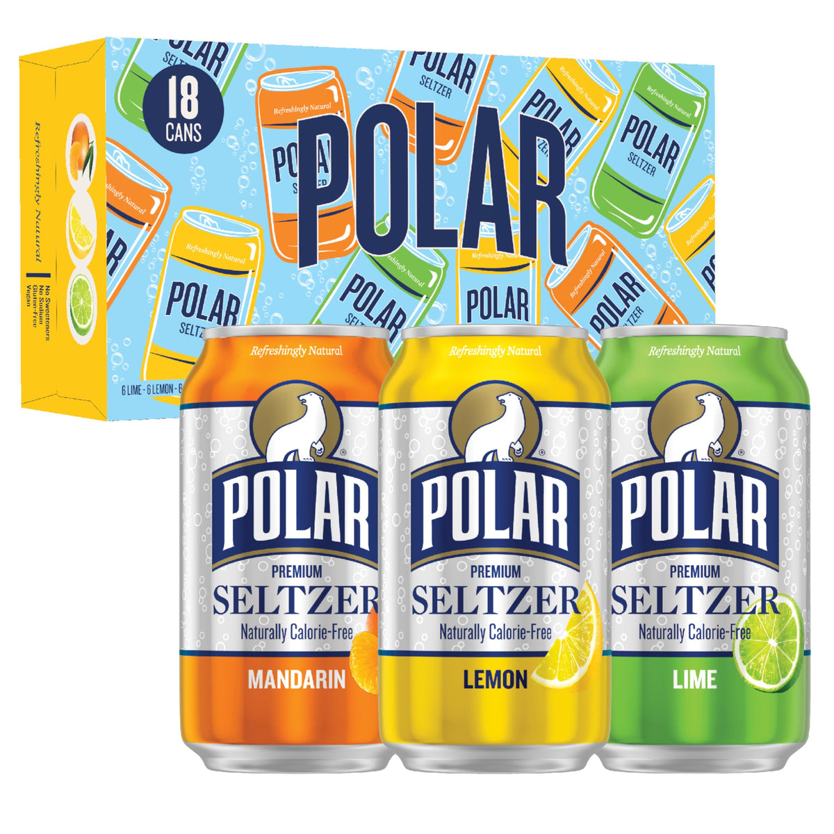 Polar Seltzer Water Citrus Variety Pack front view shows crisp bubbles and natural flavor