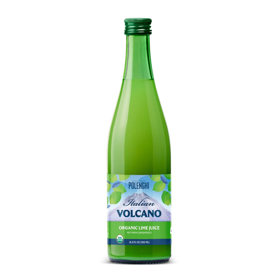 Polengi Organic Lime Juice bottle on kitchen counter for bright beverages.