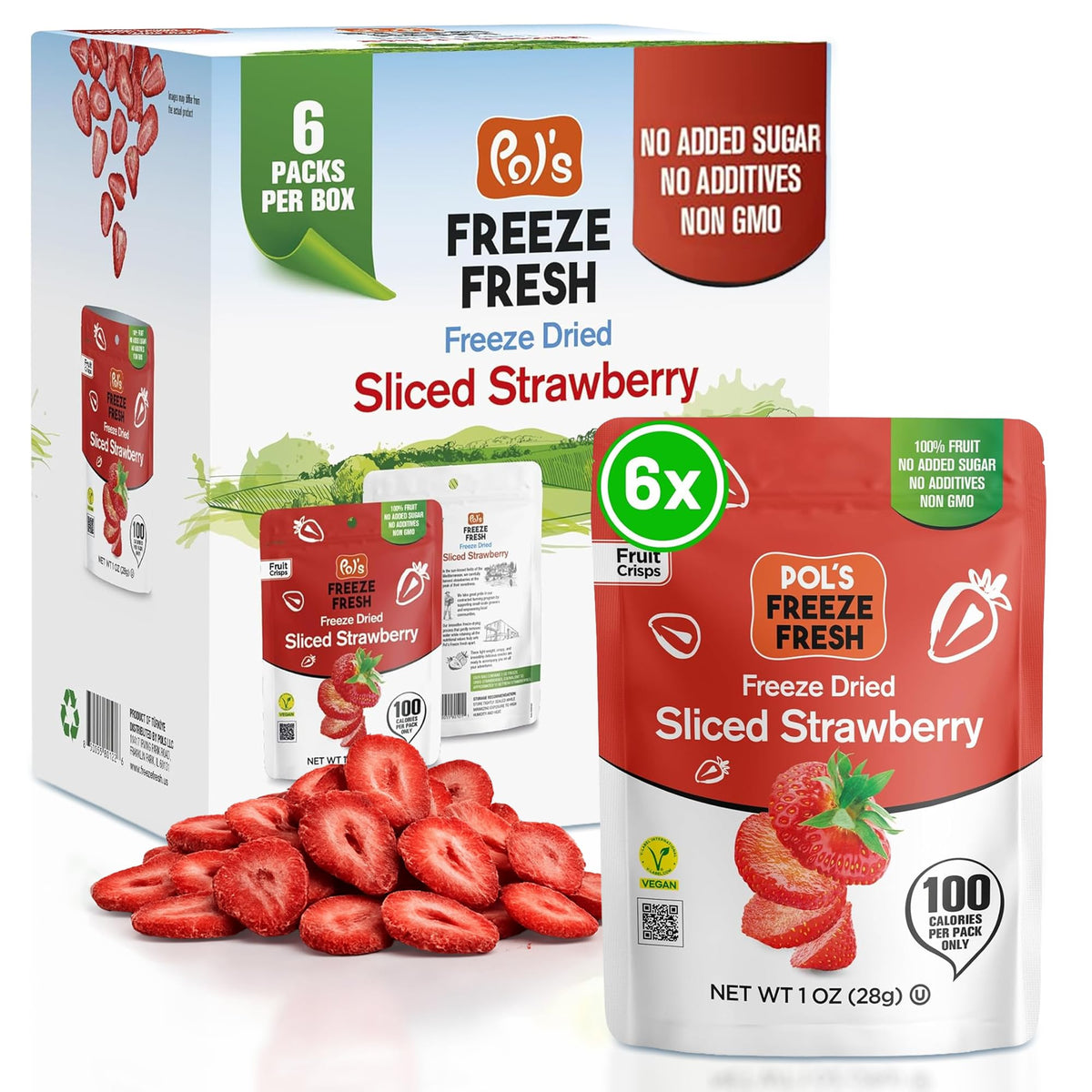 Pol’s Freeze Fresh sliced strawberries pack shows real fruit crunch for on-the-go snacking.
