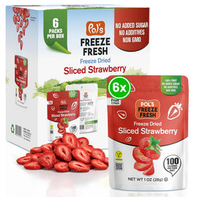 Pol’s Freeze Fresh sliced strawberries pack shows real fruit crunch for on-the-go snacking.