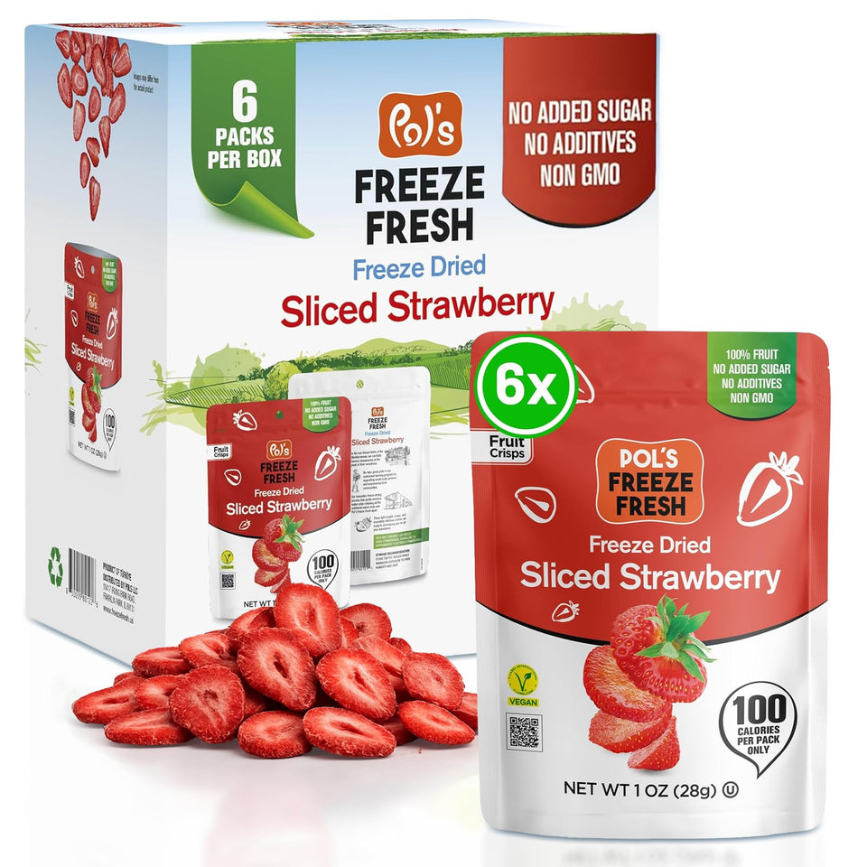 Pol’s Freeze Fresh sliced strawberries pack shows real fruit crunch for on-the-go snacking.