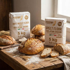 POLSELLI farro packaging signals unbleached, additive-free flour.