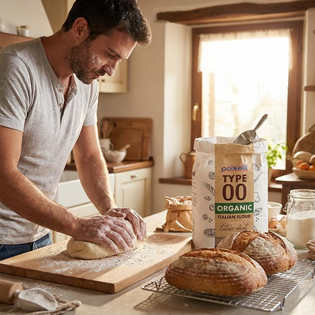 Sifting POLSELLI Organic 00 flour into a bowl to achieve lightness.