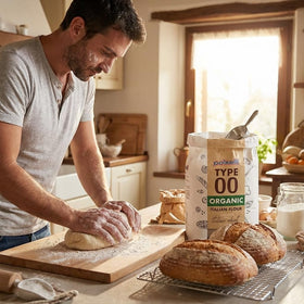 Sifting POLSELLI Organic 00 flour into a bowl to achieve lightness.
