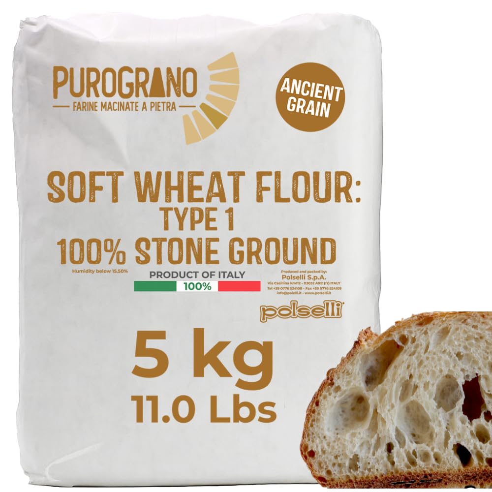 POLSELLI PuroGrano flour bag shows stone-ground grain for premium bread